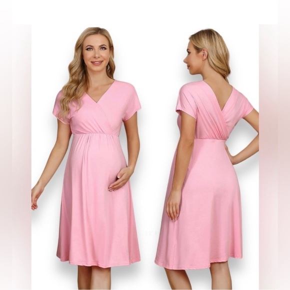 New Pink Maternity Dress Women's V-Neck A-Line Knee Length Wrap Dress - Picture 2 of 4